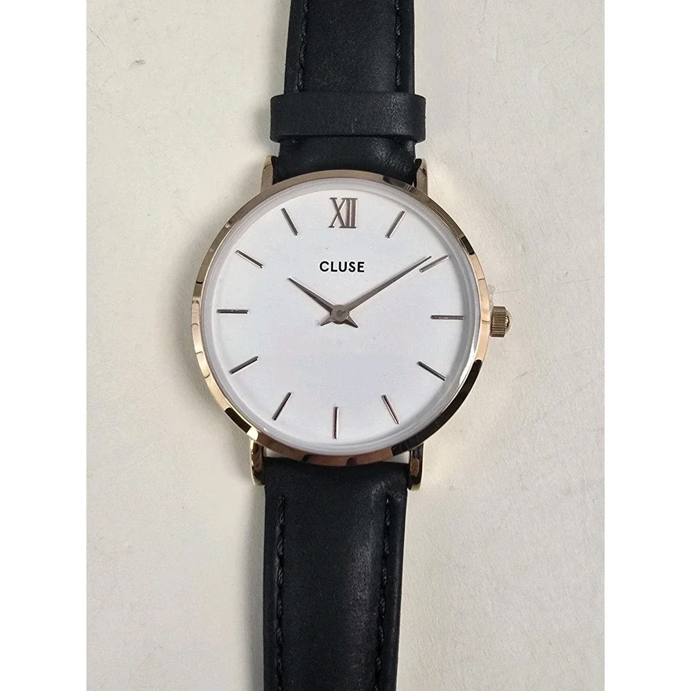 Cluse Women's Minuit White‎ Dial Black Leather Rose Gold Case Watch CL30003 NWT